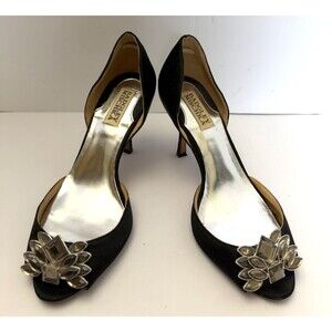 BADGLEY MISCHKA BLACK SATIN D’ORSAY OPEN TOE RHINESTONE EMBELLISHED HEELS SZ 7M
